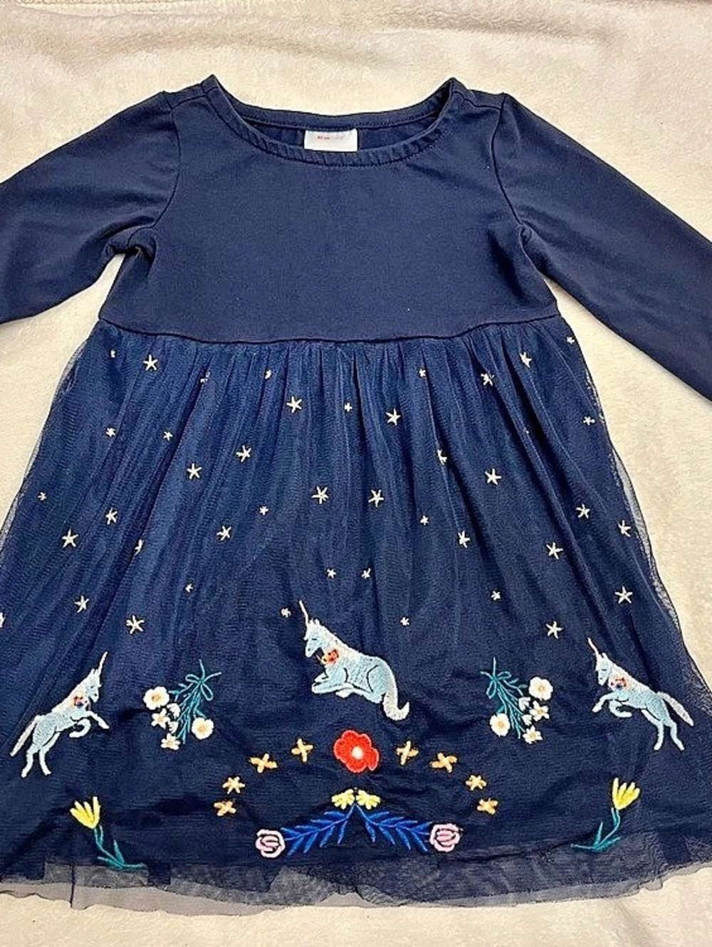 Hanna Andersson Long Sleeve Tulle Embroidered Dress in Magical Unicorn on Navy S